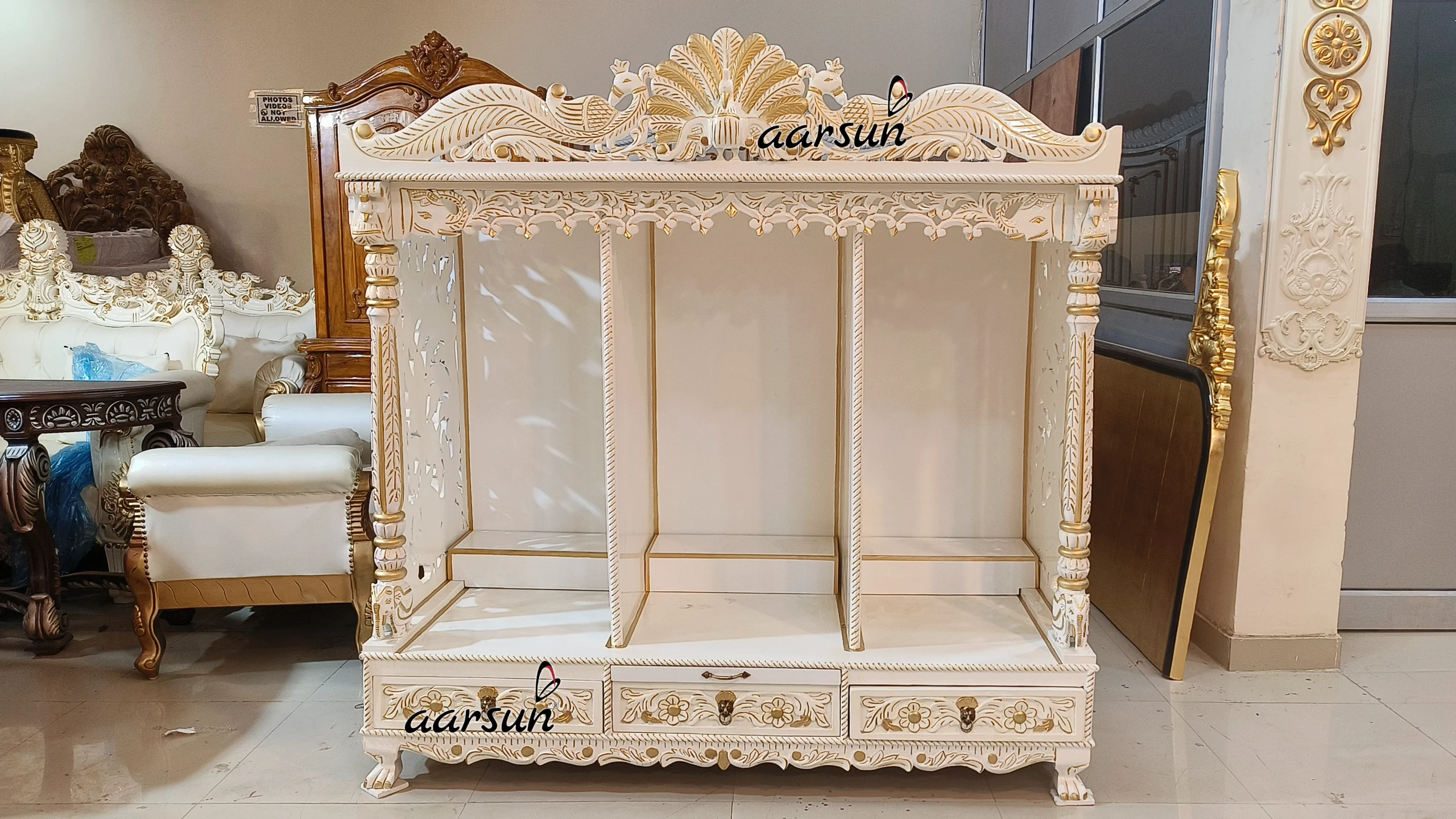 White Temple with Peacock Carving View 9