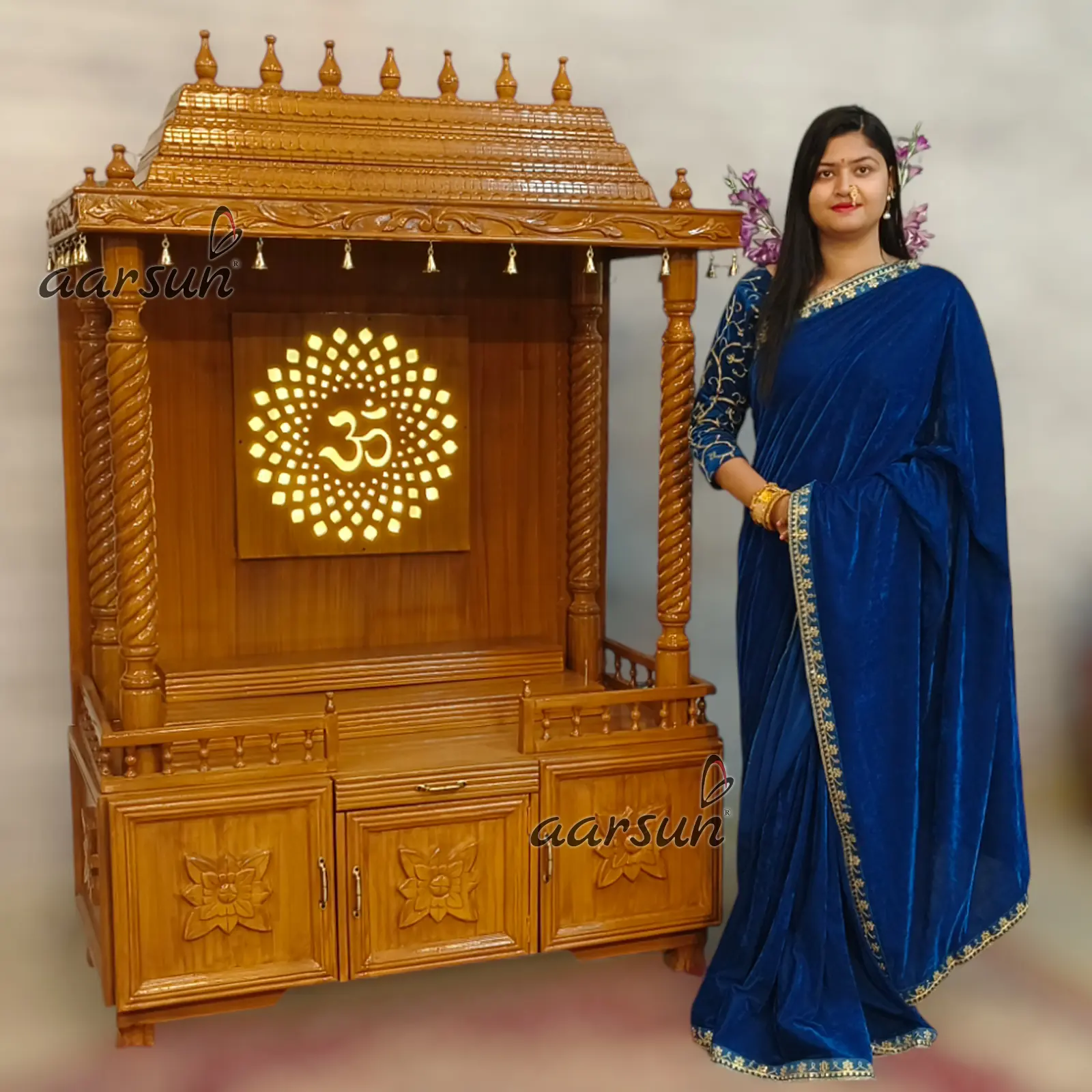 Wooden Pooja Mandir with LED Panel View 4